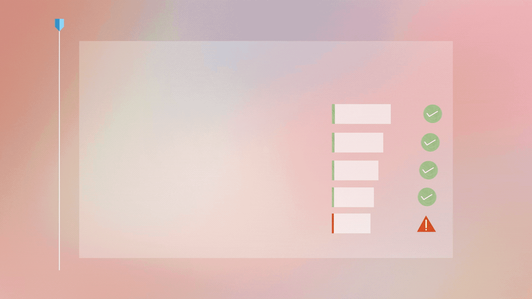 A colorful infographic with a gradient background, featuring a bar chart with five horizontal bars. Four bars are in green and have checkmarks, indicating positive status, while the last bar is in red with an exclamation mark, indicating an issue.