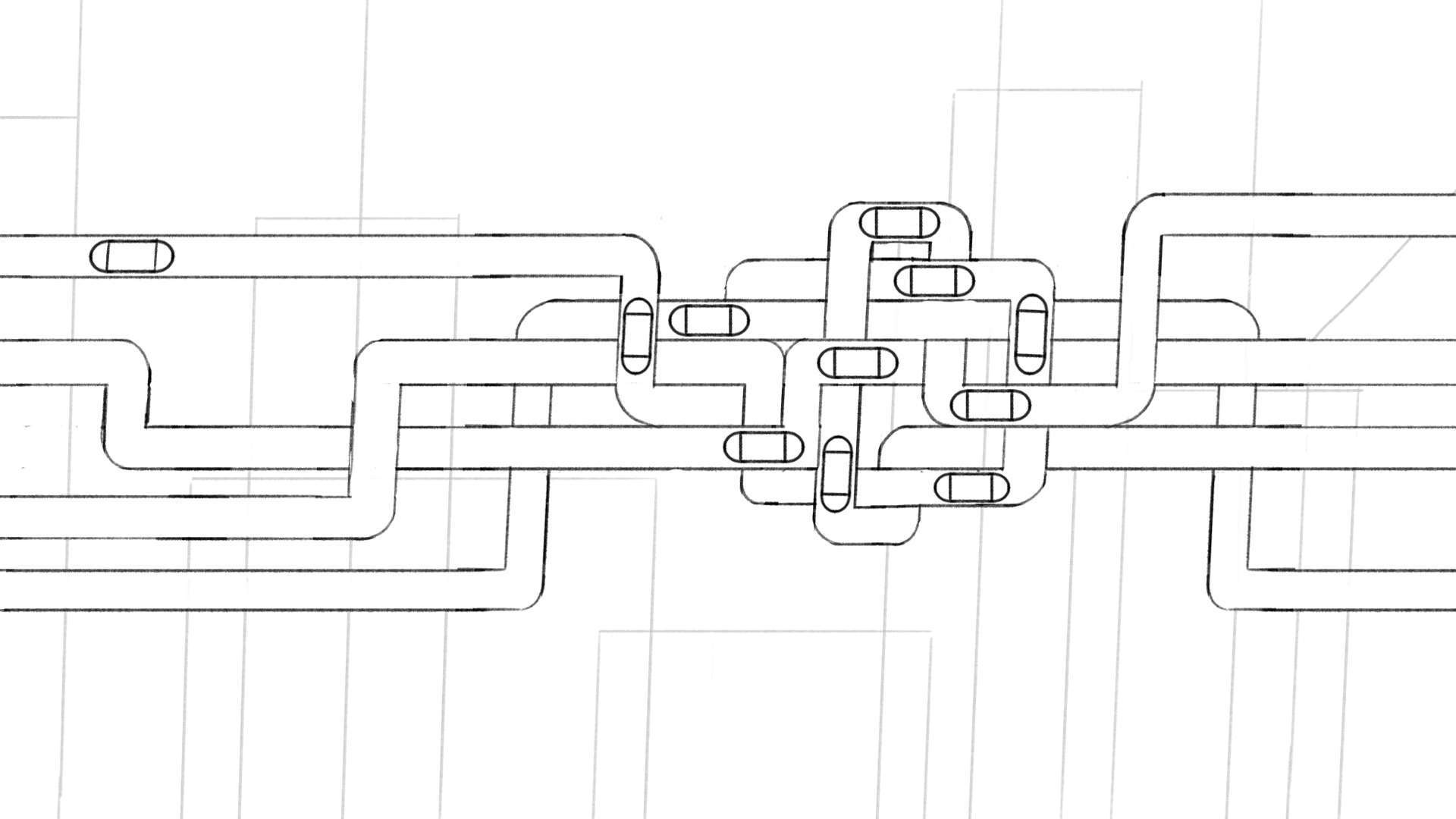 Black and white technical drawing of interconnected pipes and rectangles with rounded edges, forming a complex network.