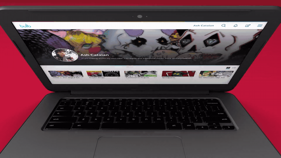 Open laptop displaying a social media profile page with an art-themed cover photo, profile picture, and recent posts, placed on a red surface.