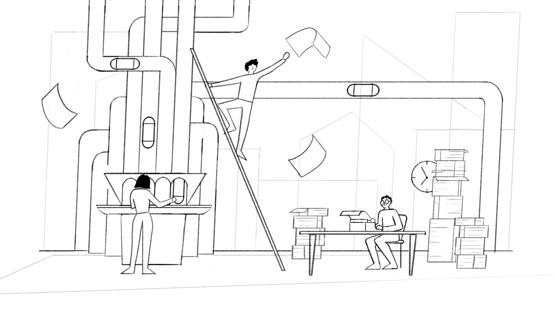 Line drawing of an office scene with three workers. One woman working at a counter, a man sitting at a desk with a clock and stacked files behind him, and another man on a ladder reaching towards the ceiling with papers flying around.