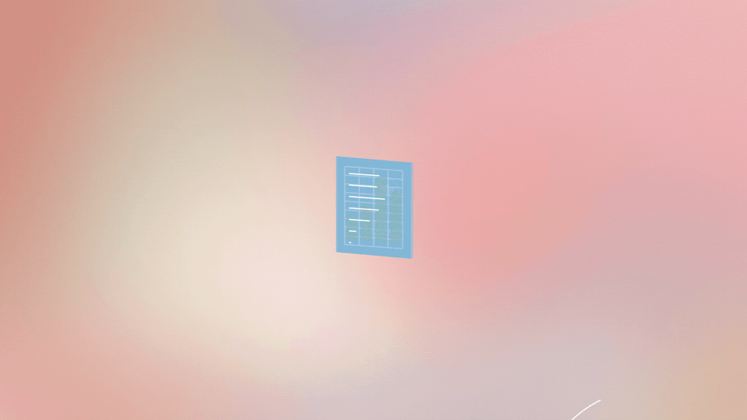 A small blue computer screen or tablet displaying a spreadsheet with rows and columns against a pink and beige blurred background.