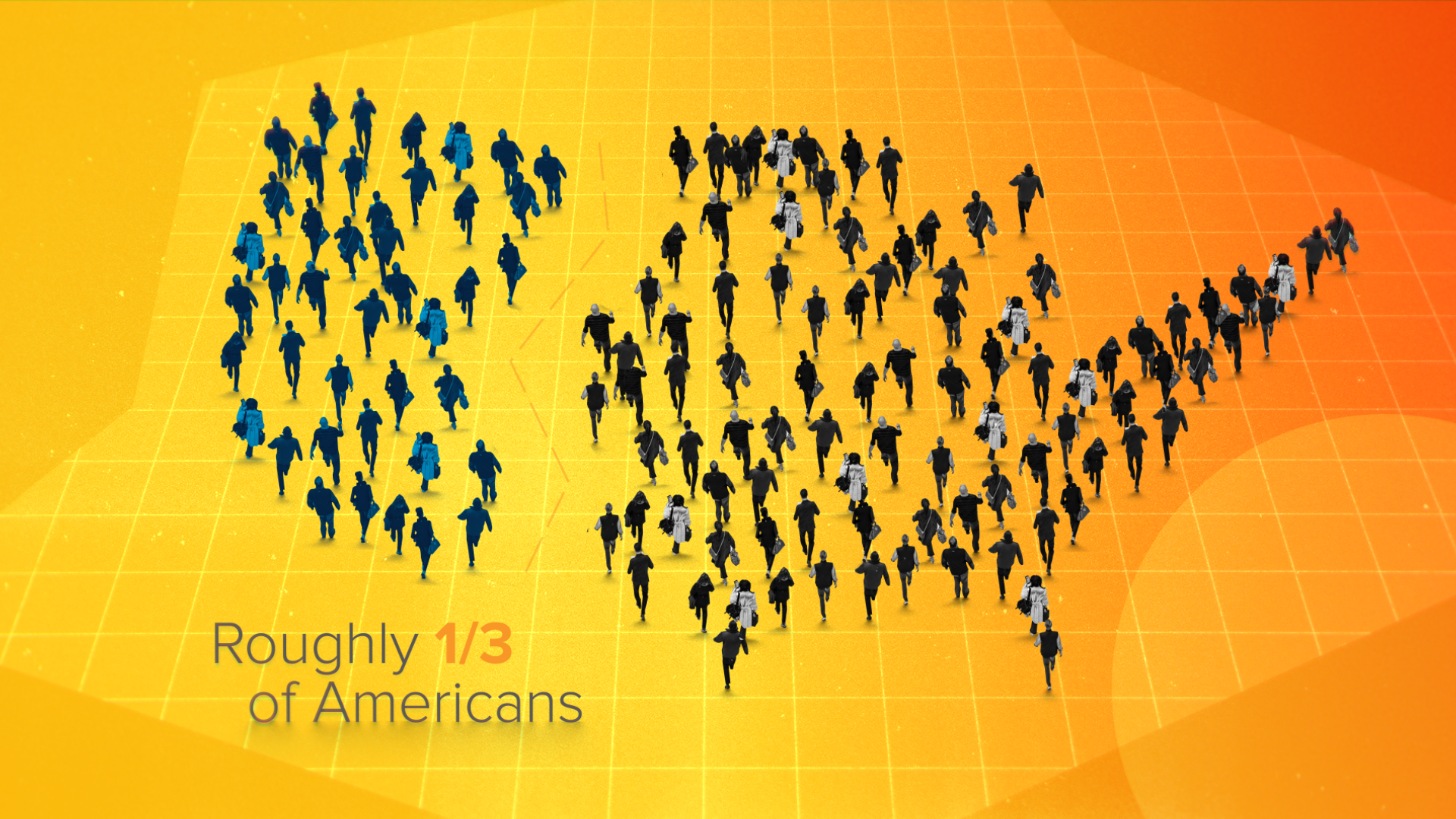 Graphic showing a stylized map of the United States with illustrated people figures divided into two groups, representing approximately 1/3 of Americans.
