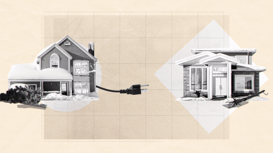 A digital collage showing a house on the left, an electrical plug in the middle, and another house on the right, symbolizing power connection.