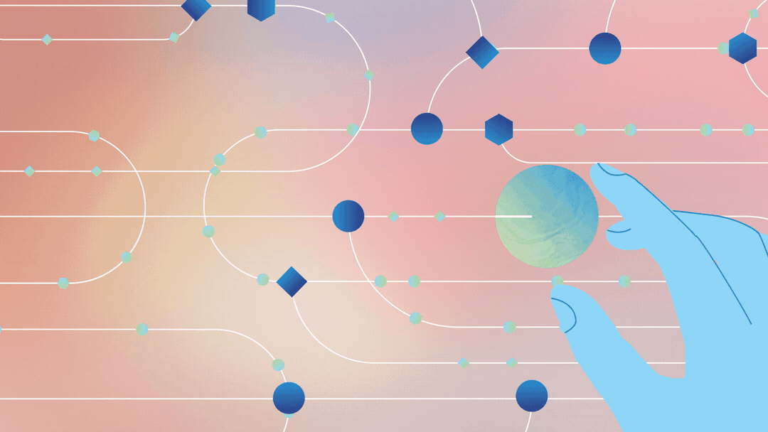 A digital illustration showing a hand holding a small spherical object, with a background of interconnected abstract nodes and lines, resembling a network or molecular structure.