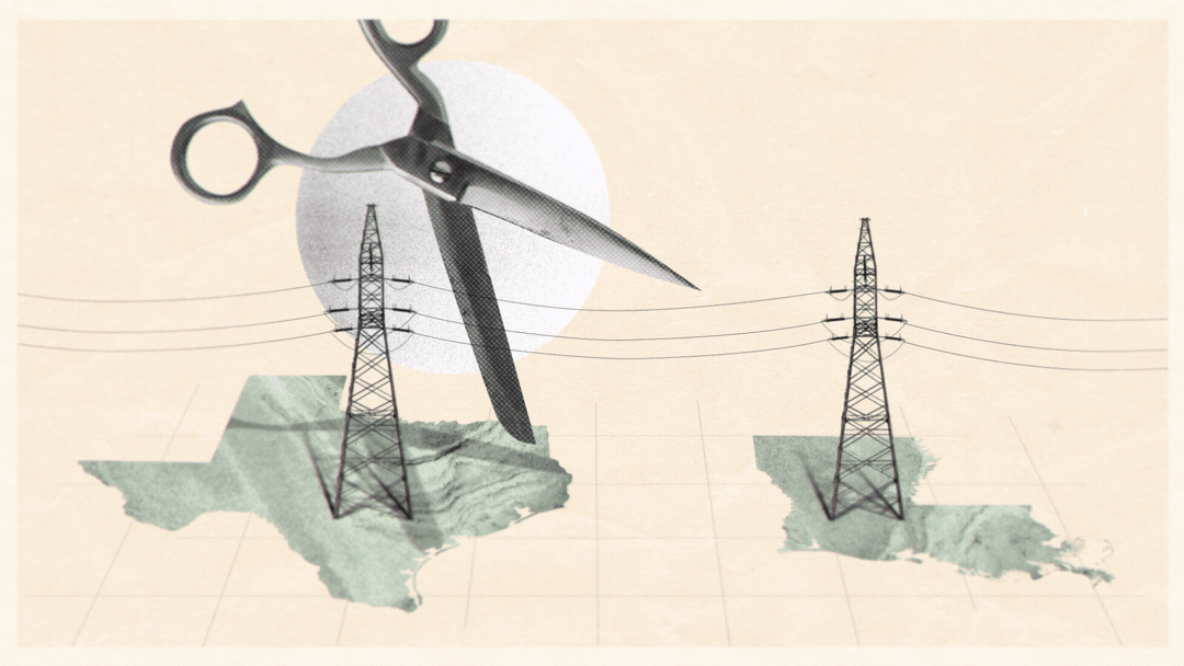 A pair of scissors cutting a power line on a map of Texas with another power line nearby.