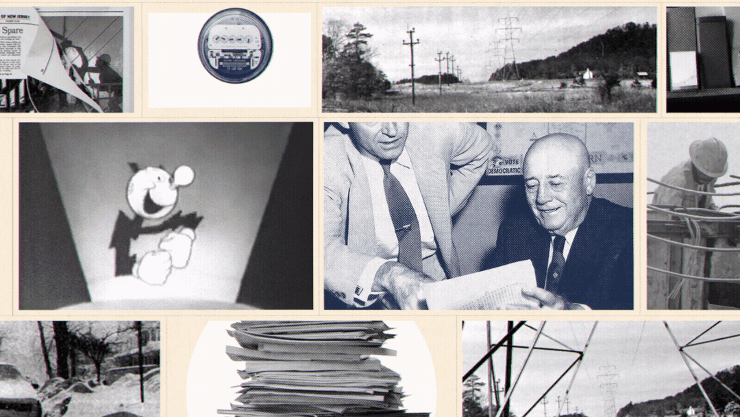 Collage of vintage black-and-white photographs showing a cartoon character, electrical infrastructure, people working, and documents.