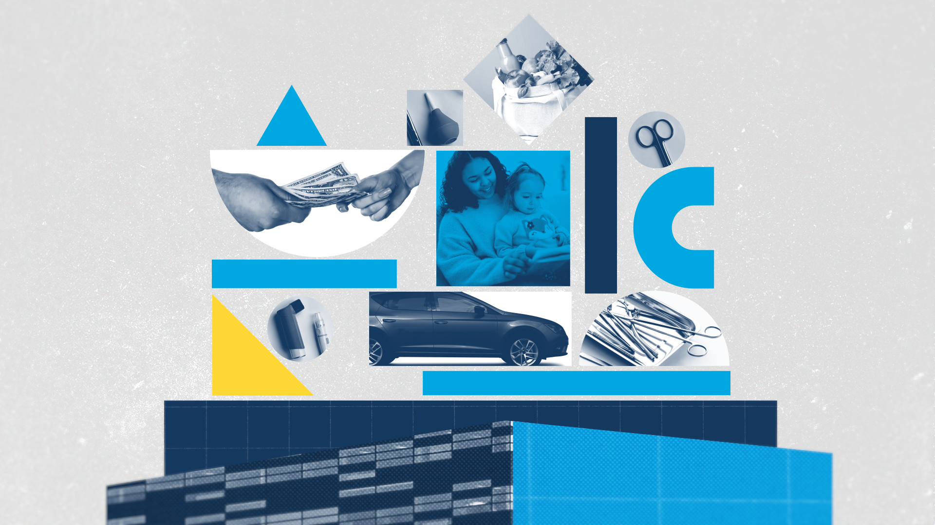 Collage of various images including hands exchanging money, a woman and child looking at a device, dental tools, a car, a computer, and scissors, arranged in a geometric design with a textured gray background.