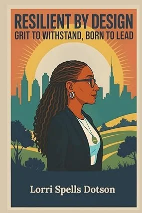 Book cover titled 'Resilient by Design' with an illustration of a woman with long, curly hair and glasses, standing against a cityscape and sunset background.