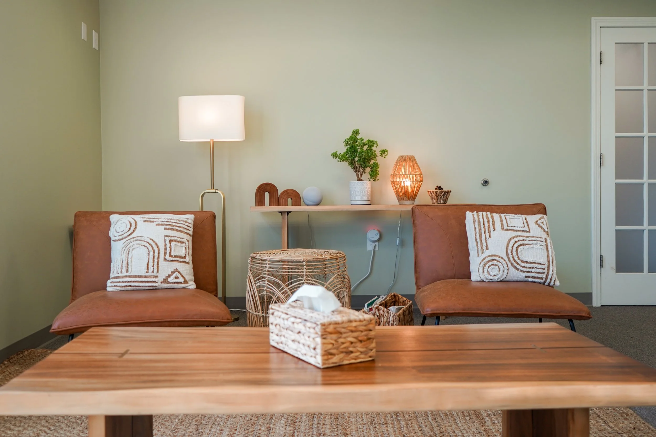 Living room with two tan chairs, decorative pillows, a wooden coffee table, a floor lamp, a wall shelf with plants and decorative items, and a closed door with glass panels.