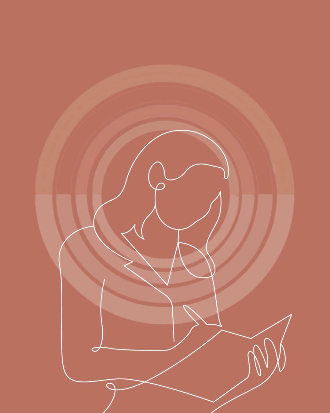 Line drawing of a woman reading a book, with concentric circles in the background.