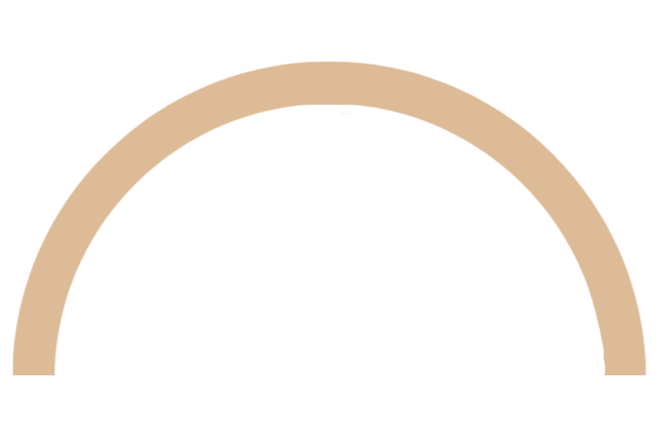 Close-up of a beige rainbow semi-circle, against a blurry background symbolizing an arc that is part of the rainbow logo.