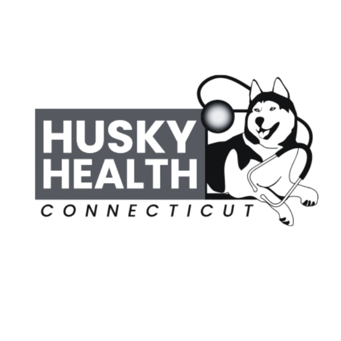 Logo for Husky Health Connect with a husky dog illustration, gray and black color scheme, and a stethoscope.