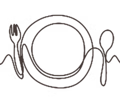 Outline of a dinner plate with a fork on the left and a knife and spoon on the right.