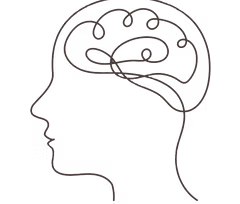 Line drawing of a human head in profile with a brain illustration inside