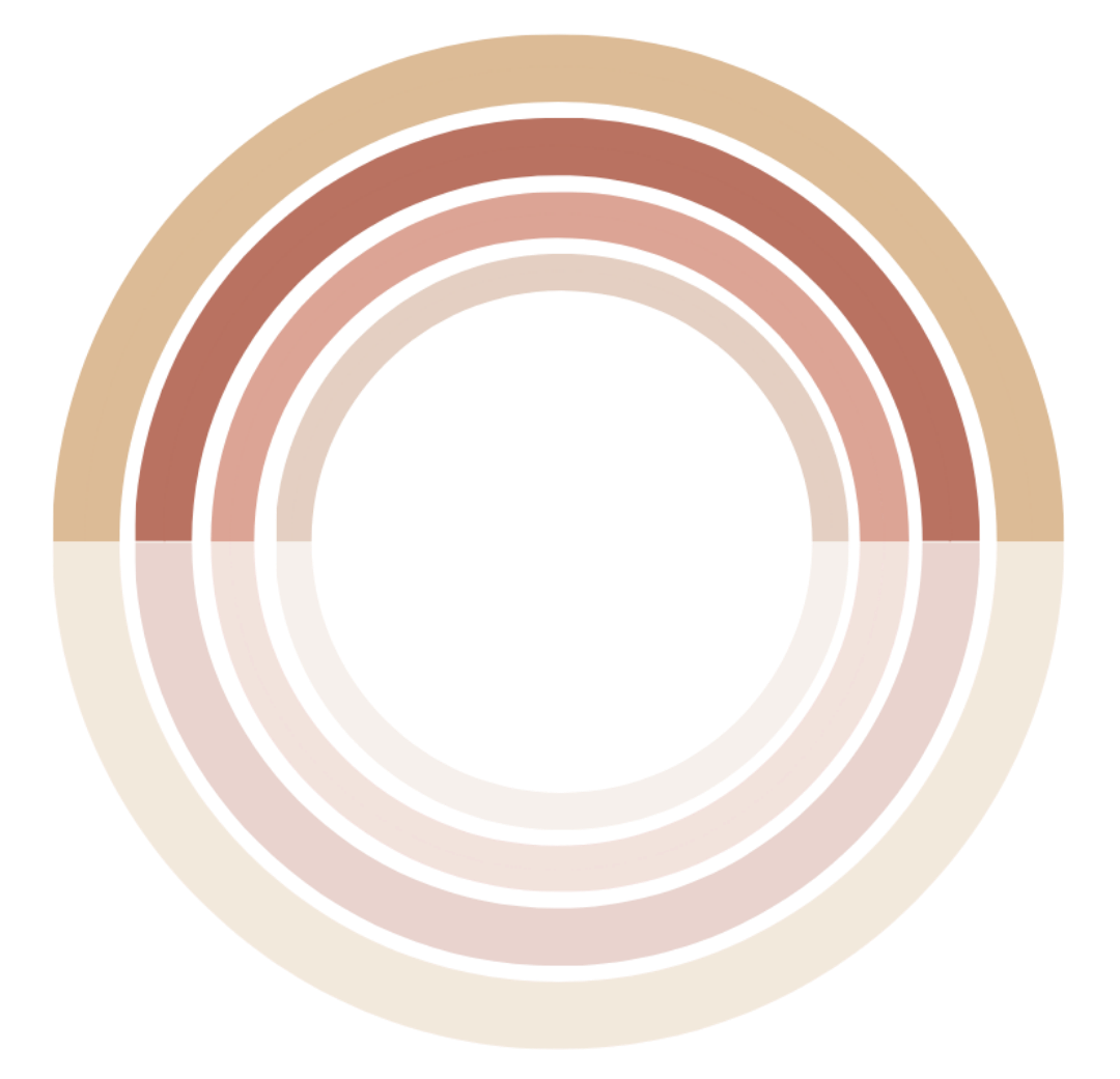 A digital artwork featuring concentric circles in beige, brown, and red shades on a multicolored background.