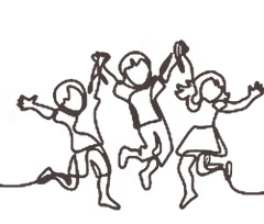 Line drawing of three children jumping and playing, holding hands.