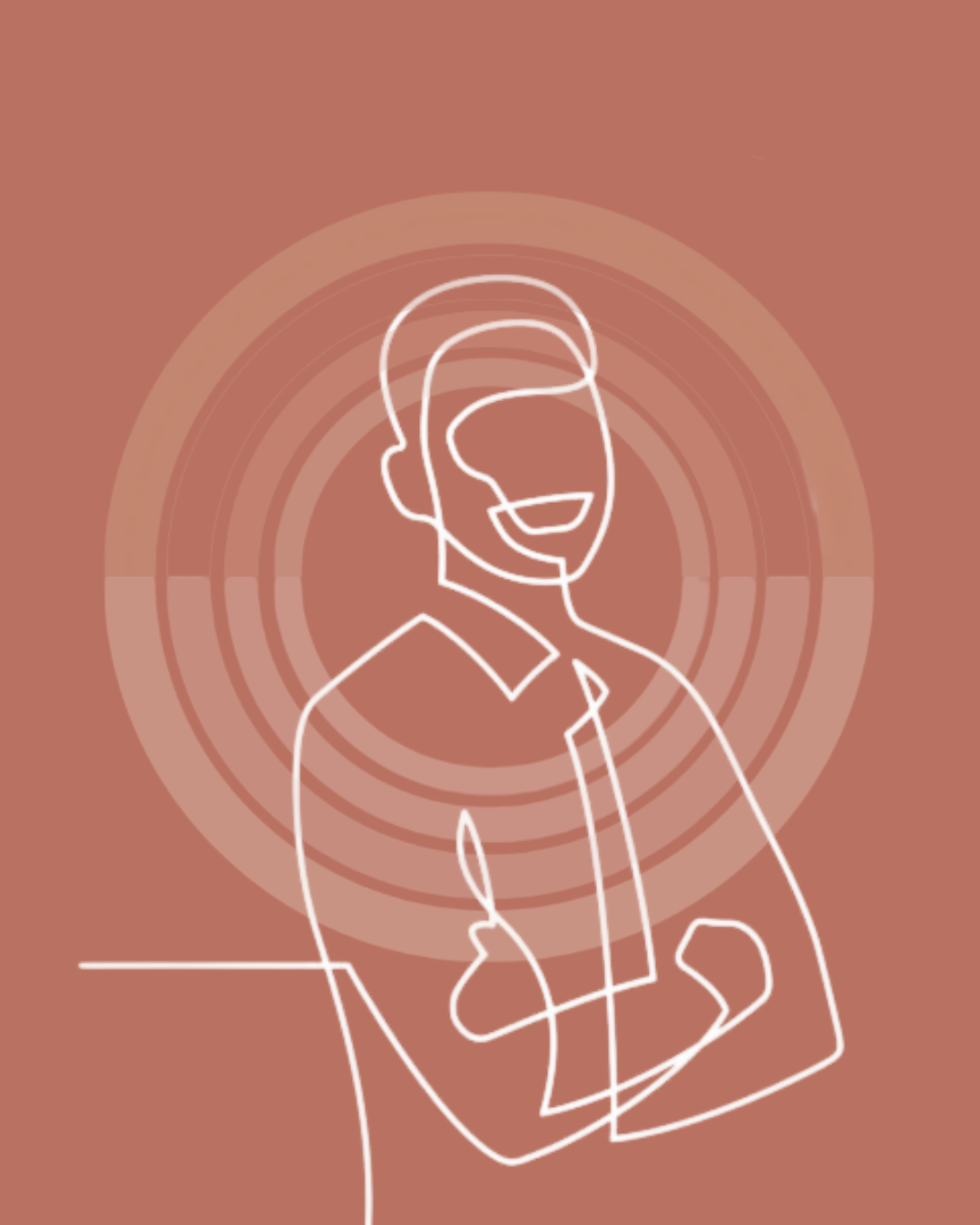 Line drawing of a smiling person with arms crossed on a reddish background with concentric circles.