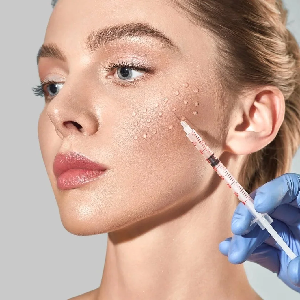 Une femme reçoit un traitement médical du visage avec une seringue, avec des gouttes de liquide sur la joue dans un contexte esthétique ou médical.