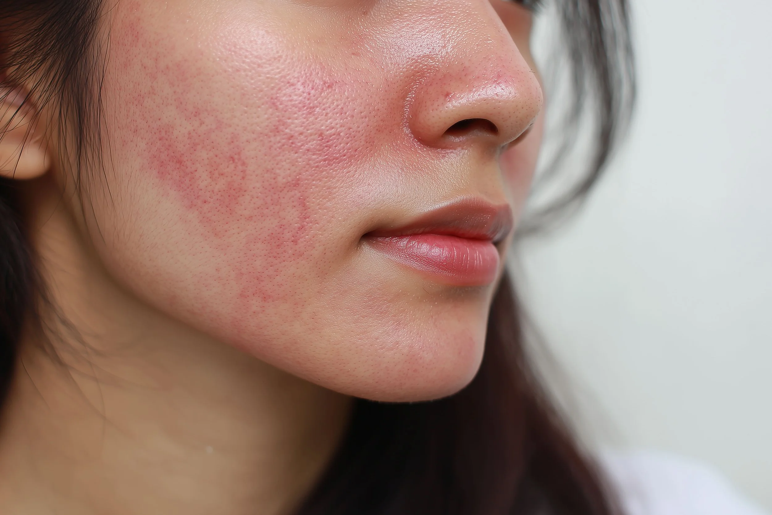 Prise en gros plan du visage d'une femme avec de l'acné inflammatoire et des rougeurs sur la joue gauche.