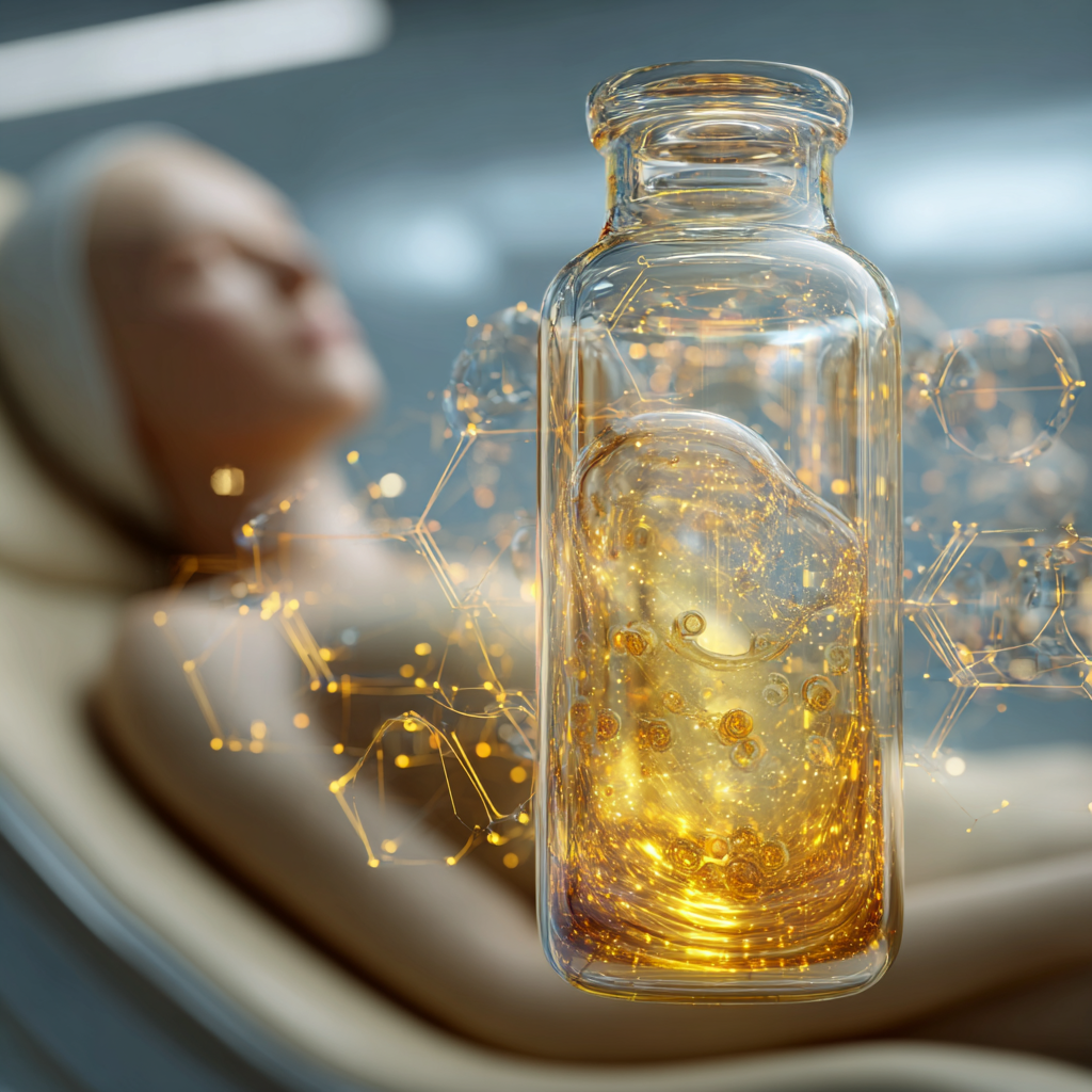 Une bouteille en verre contenant une substance dorée brillante avec des bulles, devant un modèle anatomique humain flou, symbolisant la science et la médecine avancée.