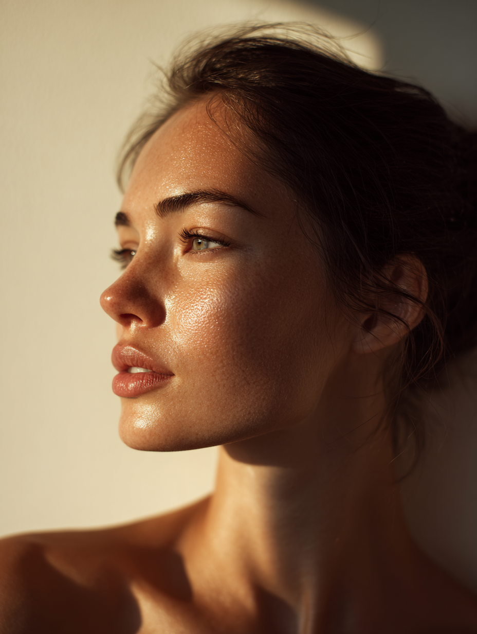 Portrait d'une jeune femme avec peau éclatante, regardant à gauche, éclairée par la lumière naturelle.