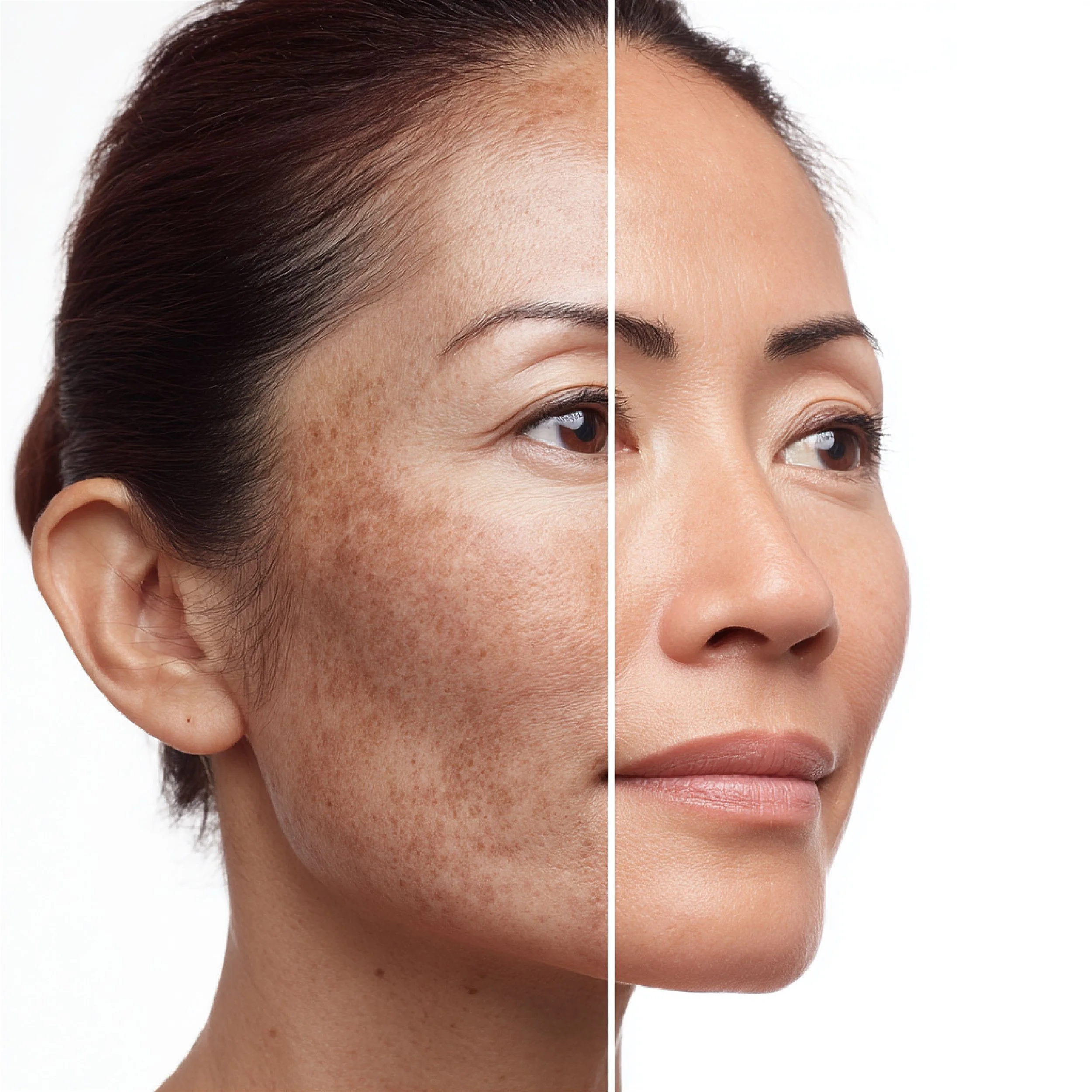 Photo d'une femme dont la moitié du visage montre une peau avec des taches pigmentaires, et l'autre moitié une peau claire et uniforme