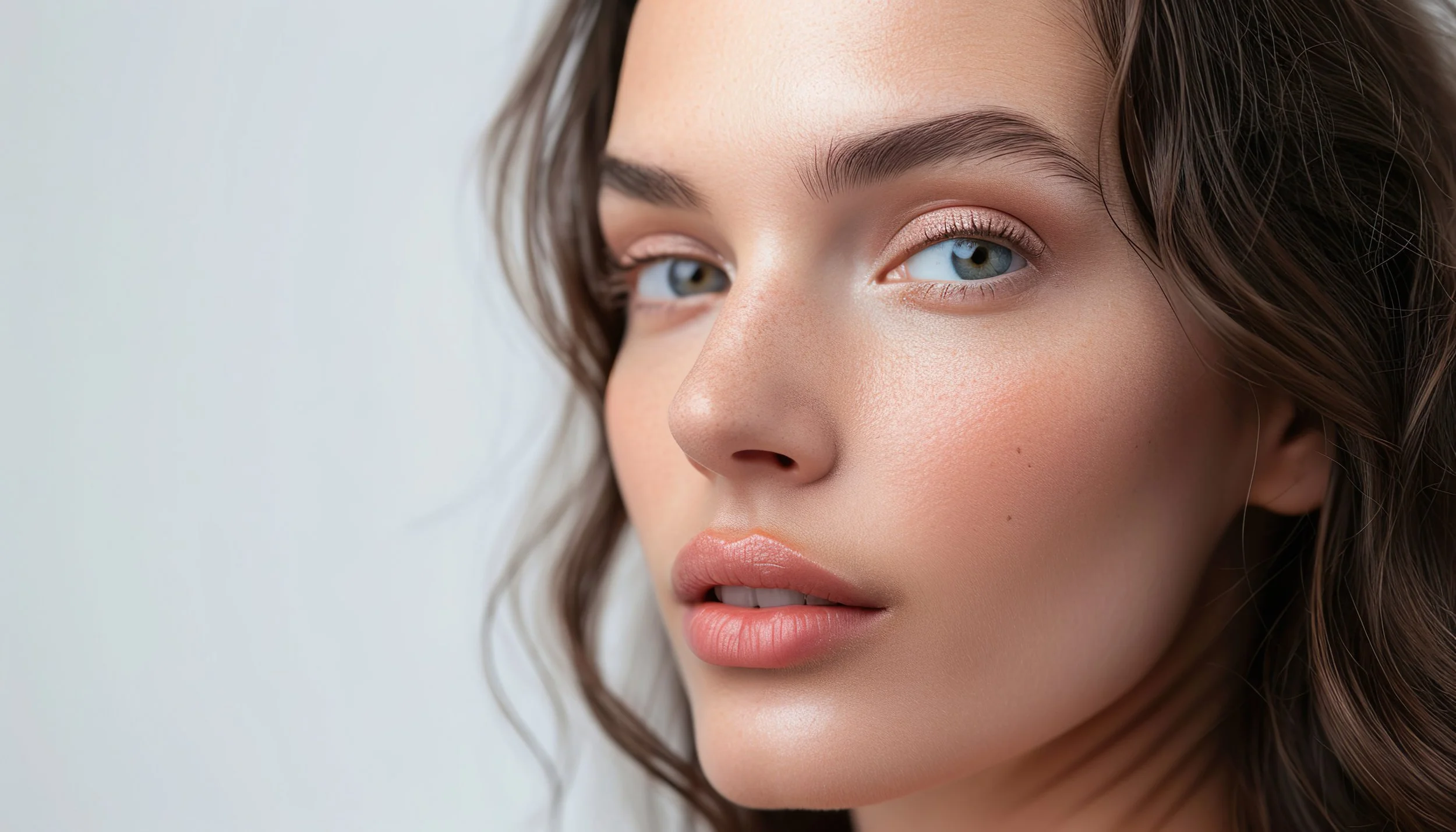 Portrait d'une femme avec des cheveux bruns, peau claire, maquillage naturel, yeux bleus et lèvres légèrement maquillées.