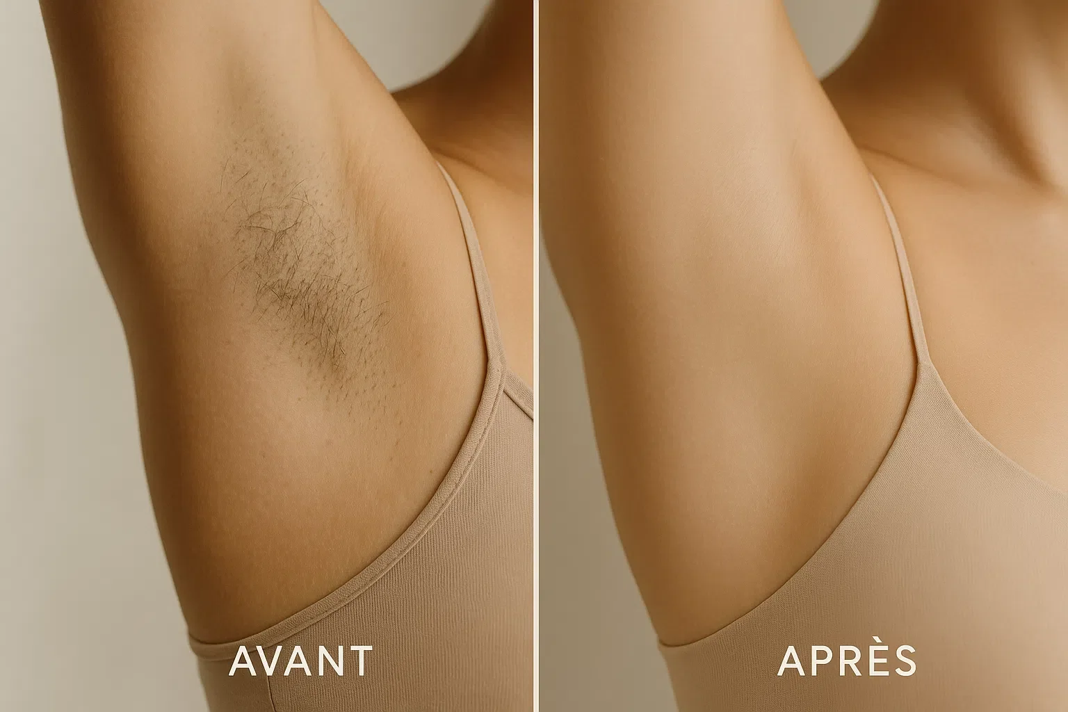 Comparaison de l'aisselle avant et après épilation ou traitement, montrant une réduction significative des poils et de la pilosité.