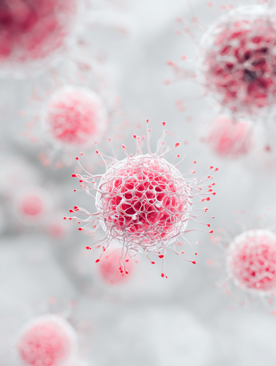 Représentation numérique de cellules cancéreuses avec structure complexe et filaments, en couleur rose et blanc, sur fond flou.