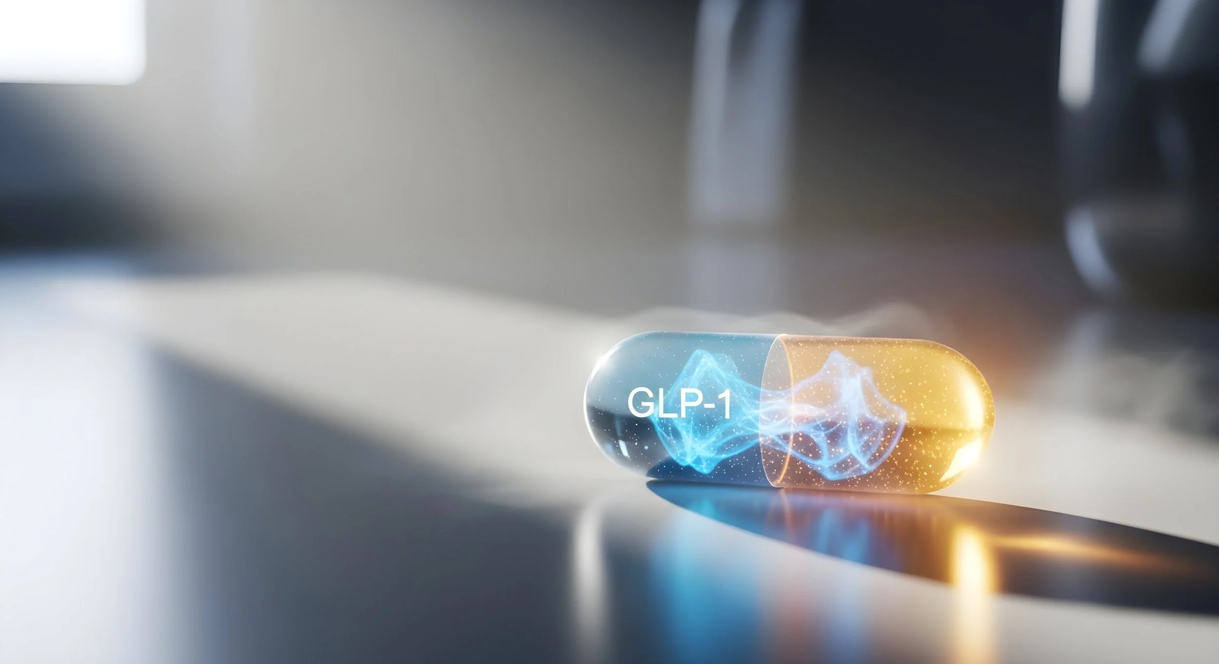 Une capsule avec 'GLP-1' écrit dessus, affichant des effets lumineux et de la vapeur ou des particules autour, posée sur une surface brillante.