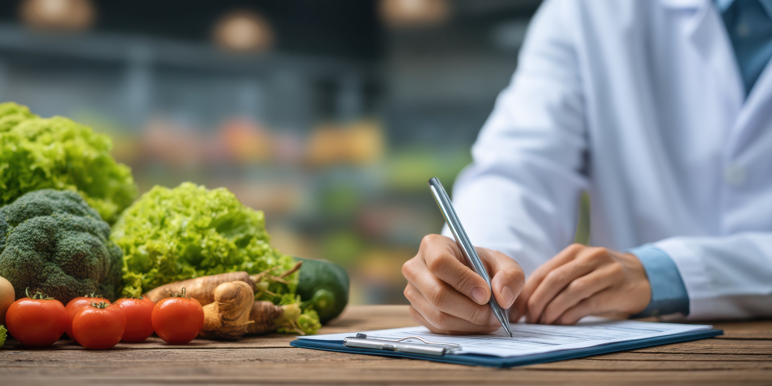 Une personne en blouse blanche prend des notes dans un cahier à côté de légumes frais comme des tomates, du brocoli, des carottes, du concombre et de la laitue sur une table en bois.