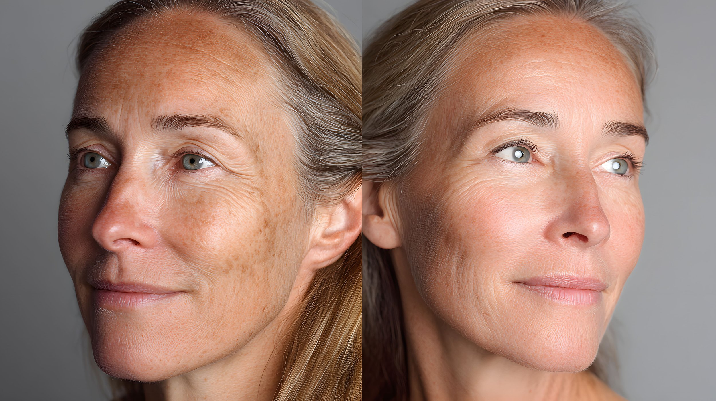 Comparaison du visage d'une femme avec des taches de vieillesse et de soleil à gauche, et une peau lisse et jeune à droite.