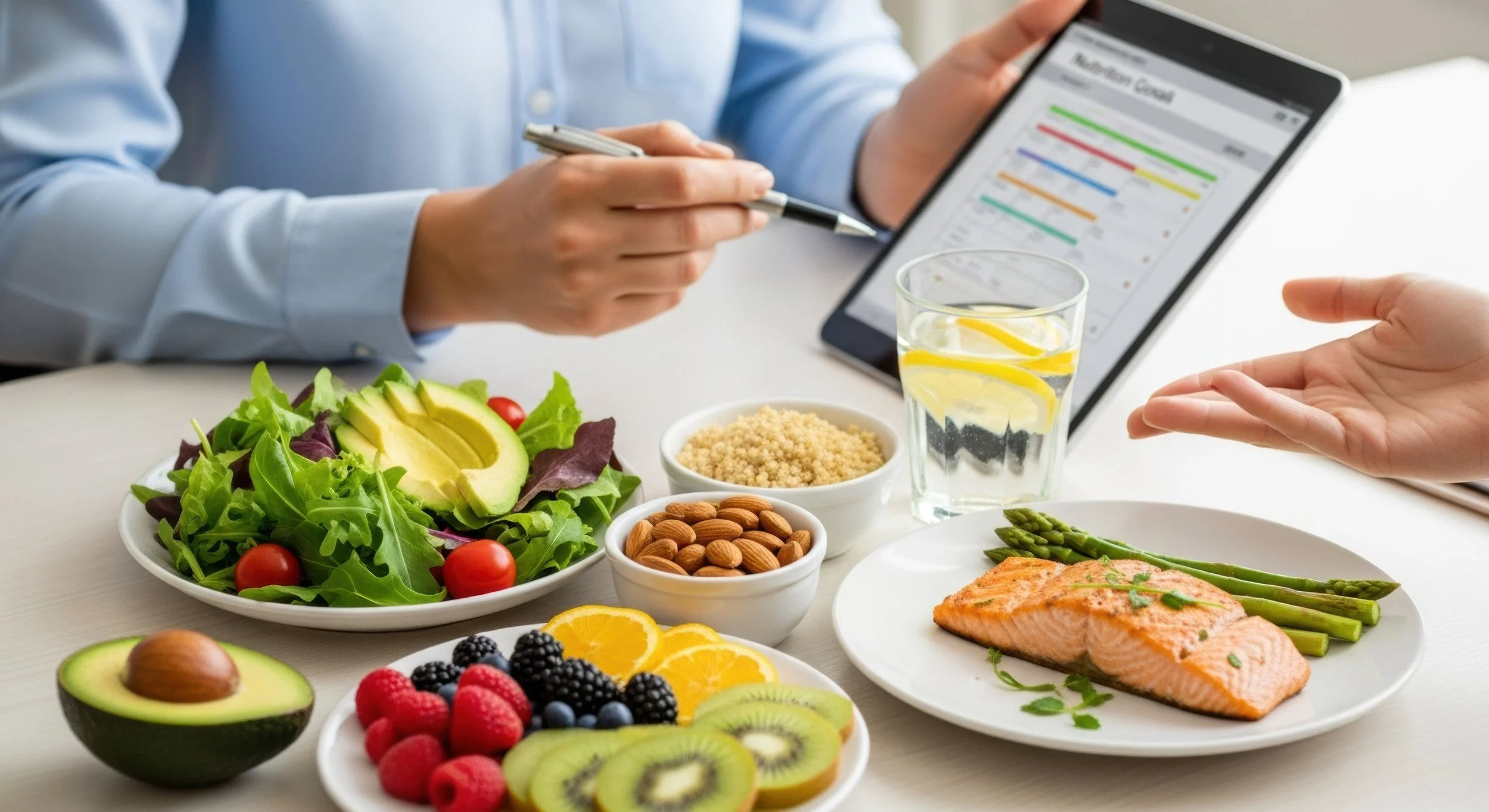 Repas sain avec une salade, du saumon grillé, des fruits frais, des amandes, et du quinoa, avec une personne montrant un graphique de santé sur une tablette.