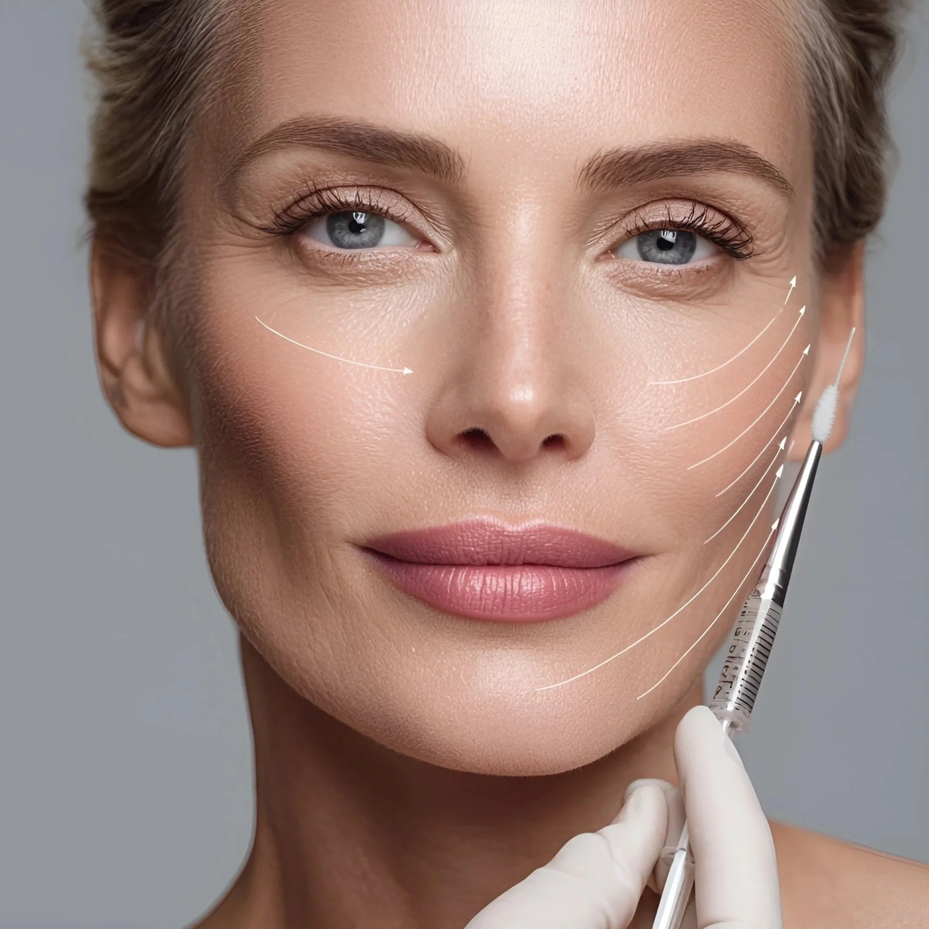 Une femme avec un maquillage naturel, symbole de soins esthétiques, en train d'appliquer un produit sous l'œil et sur la joue avec un coton-tige, avec des schémas indiquant la direction du maquillage ou des soins.