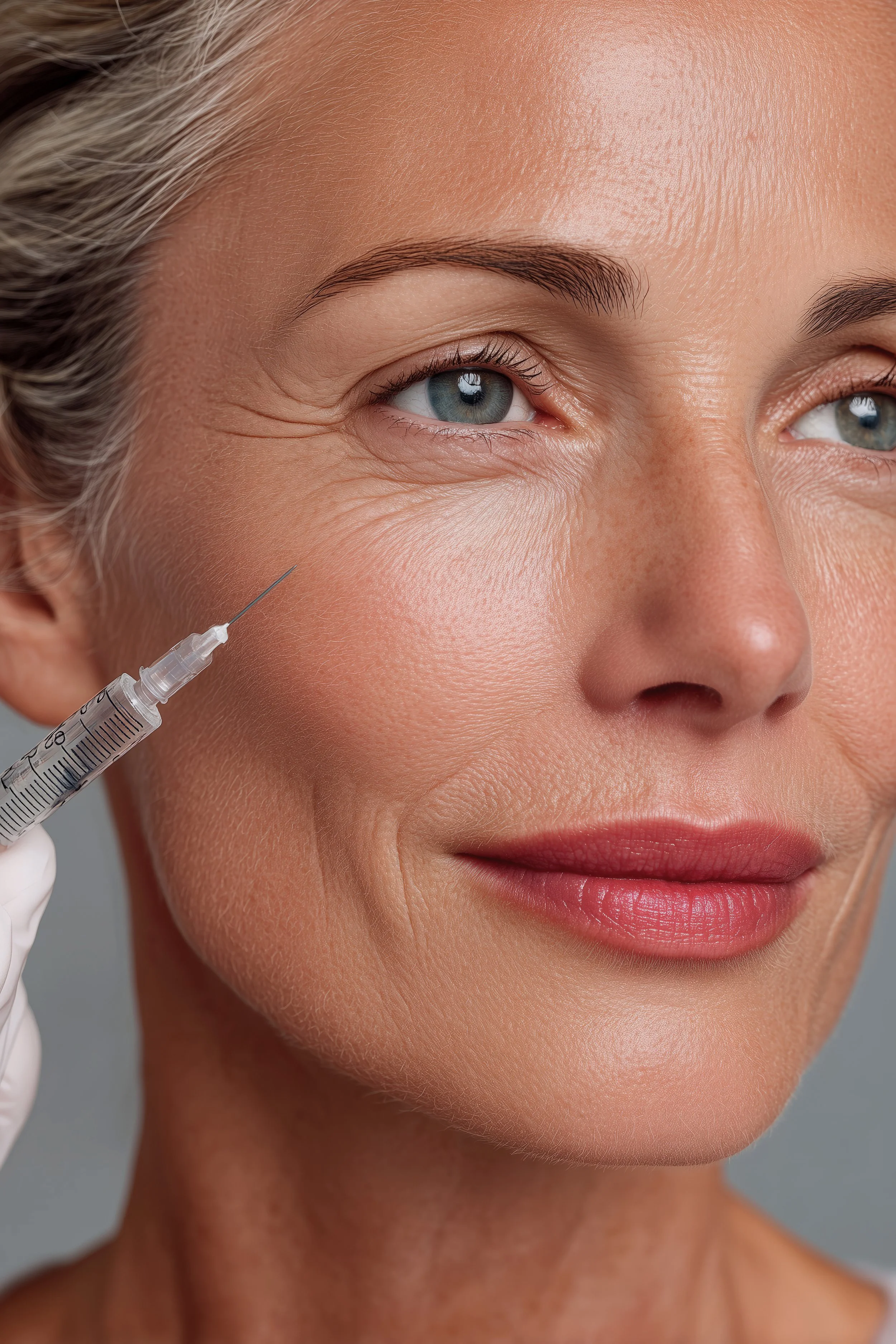 Une femme âgée reçoit une injection de Botox au visage, avec un sourire léger, dans un studio bien éclairé.