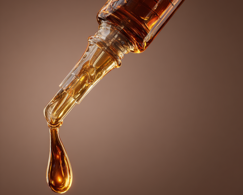 Une pipette en verre déversant un liquide ambré, probablement du parfum ou de l'huile, contre un fond neutre.