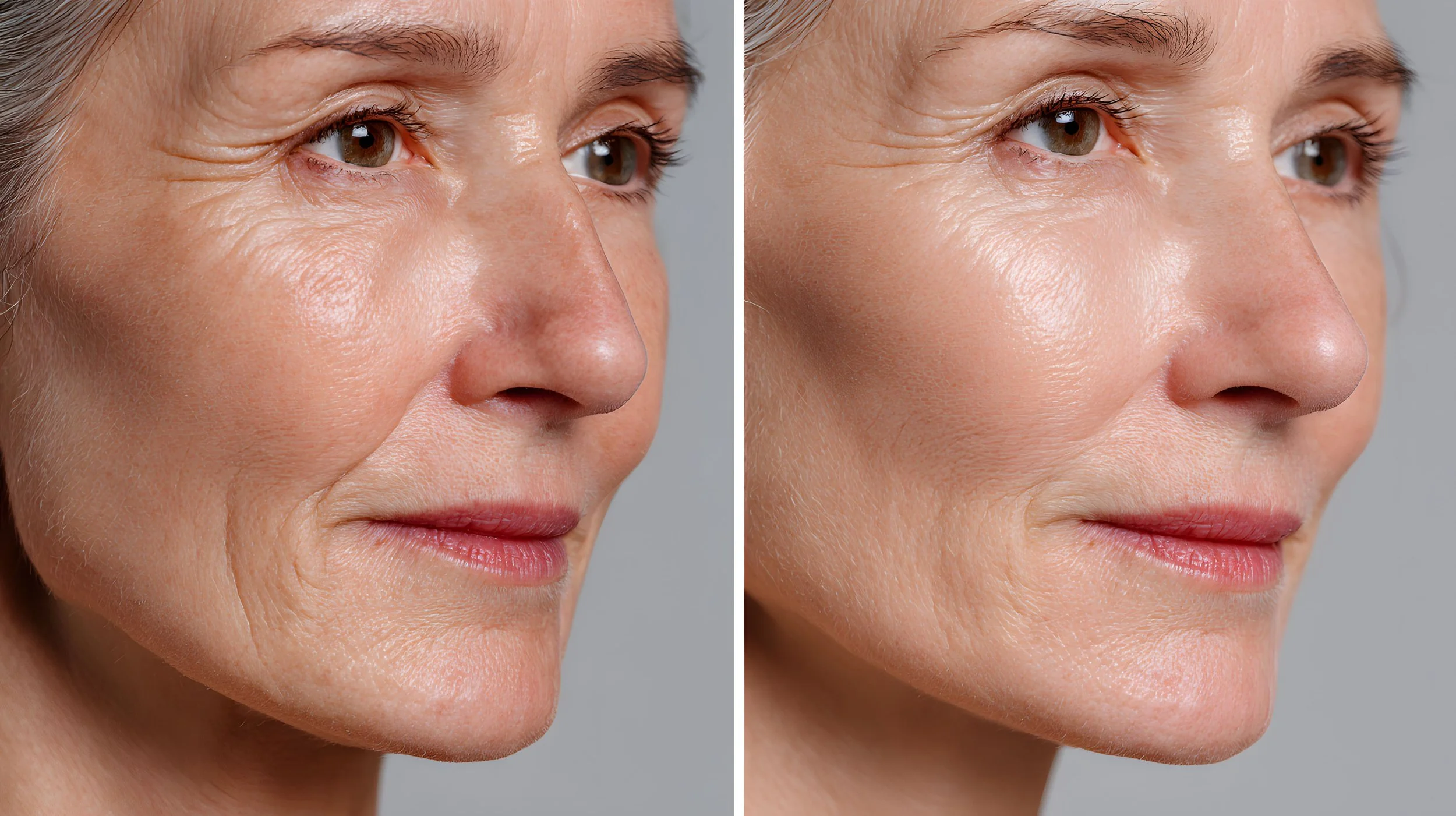 Comparaison avant et après un traitement anti-âge sur une femme âgée, montrant la réduction des rides et l'amélioration de l'élasticité de la peau.