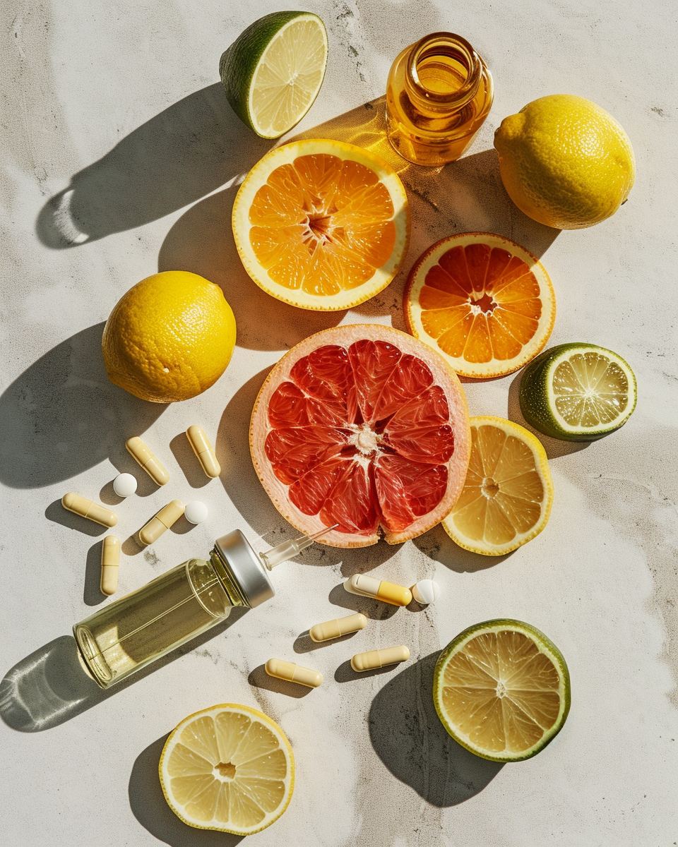 Citrons, oranges, et pamplemousses coupés, bouteilles de sirop et capsules de médicaments sur une surface ensoleillée.