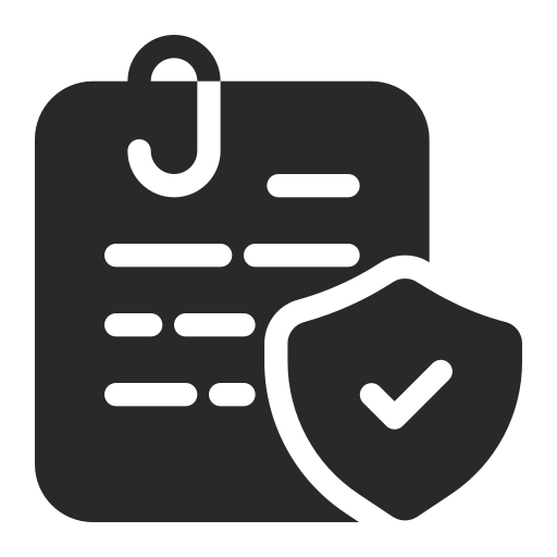 Icon of a document with writing and a shield with a checkmark, representing security or verified information.