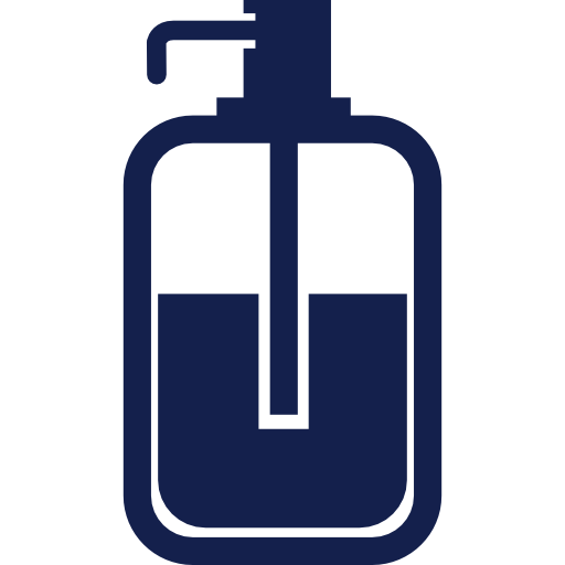 Line drawing of a soap dispenser with liquid soap inside.