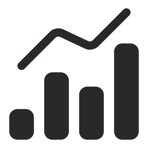 A black icon of a bar chart with four vertical bars of increasing height and an upward trending line.