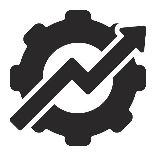 A gear with an upward trending arrow and a line graph inside it, symbolizing growth or progress.