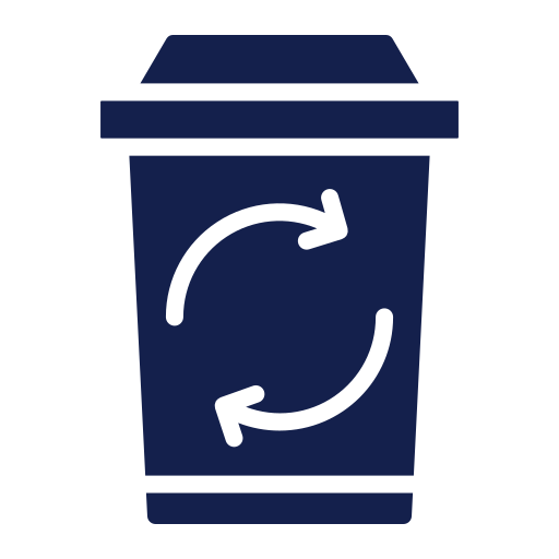 Icon of a disposable coffee cup with a lid, featuring a circular arrow symbol representing recycling or reuse.