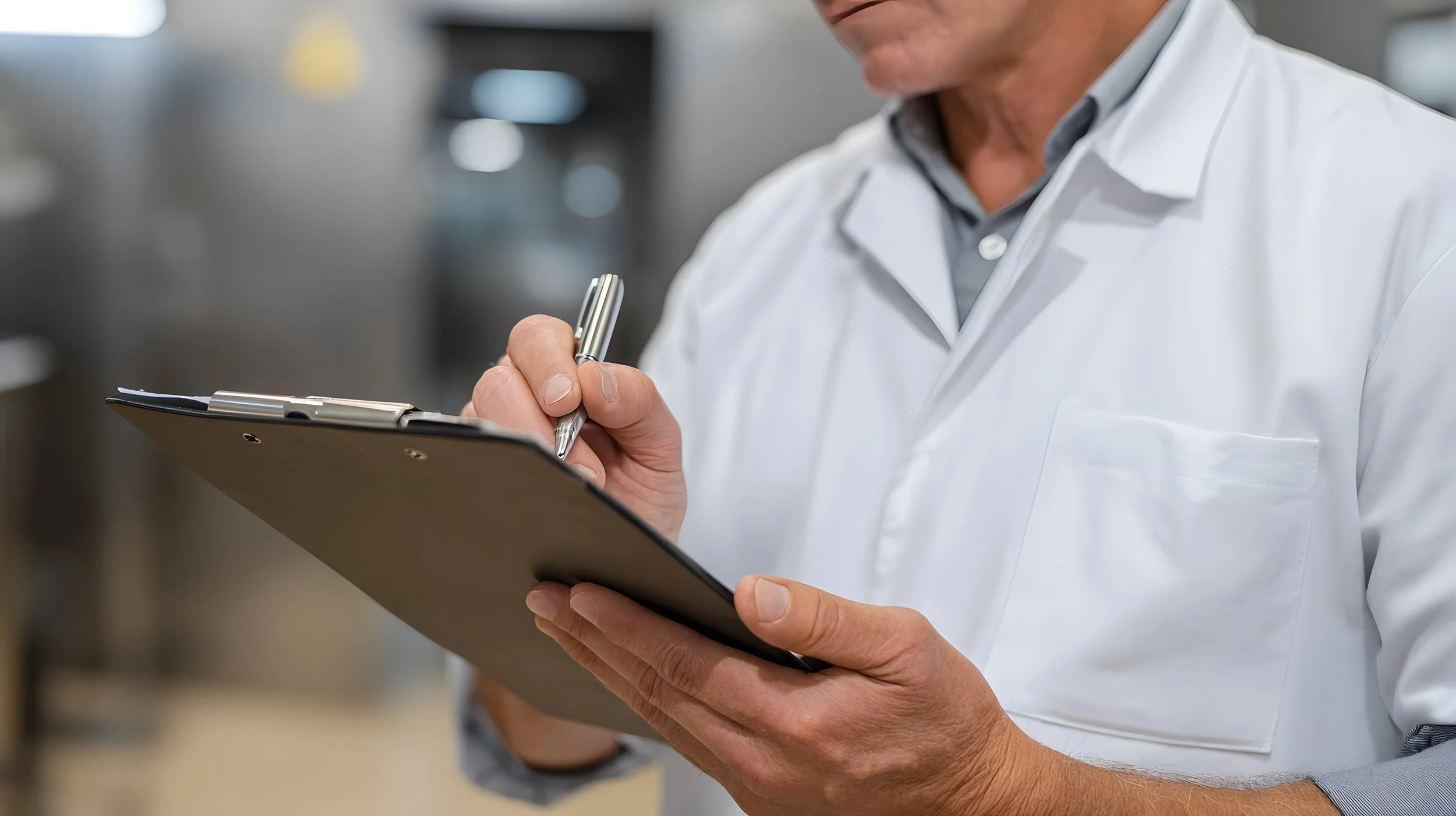 A man in a white lab coat writing on a clipboard with a pen in a clinical or laboratory setting.