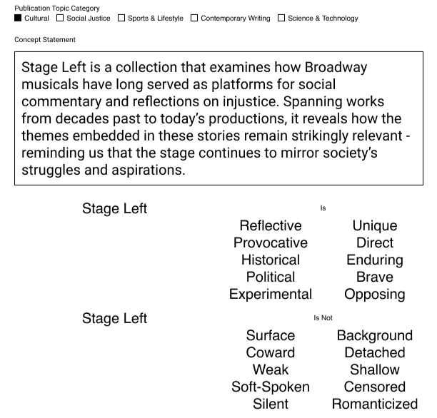 A screenshot of an educational document discussing the concept of 'Stage Left' in Broadway musicals, with definitions and characteristics related to social commentary and reflection on justice, highlighting themes like historical, political, experimental, provocative, and reflective aspects.