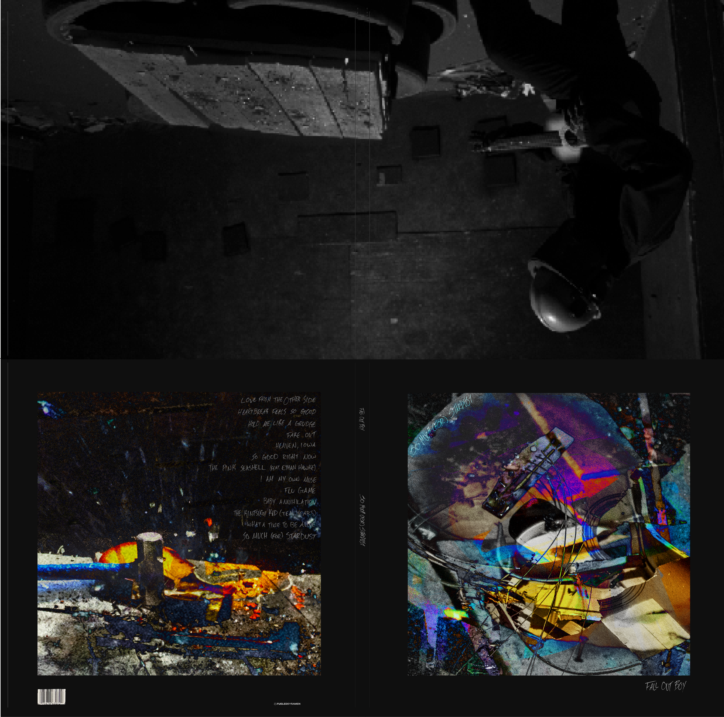A person wearing a helmet and dark clothing, leaning over a dark floor in a dimly lit room, with a yellow writing on the wall and abstract colorful images on the right side.