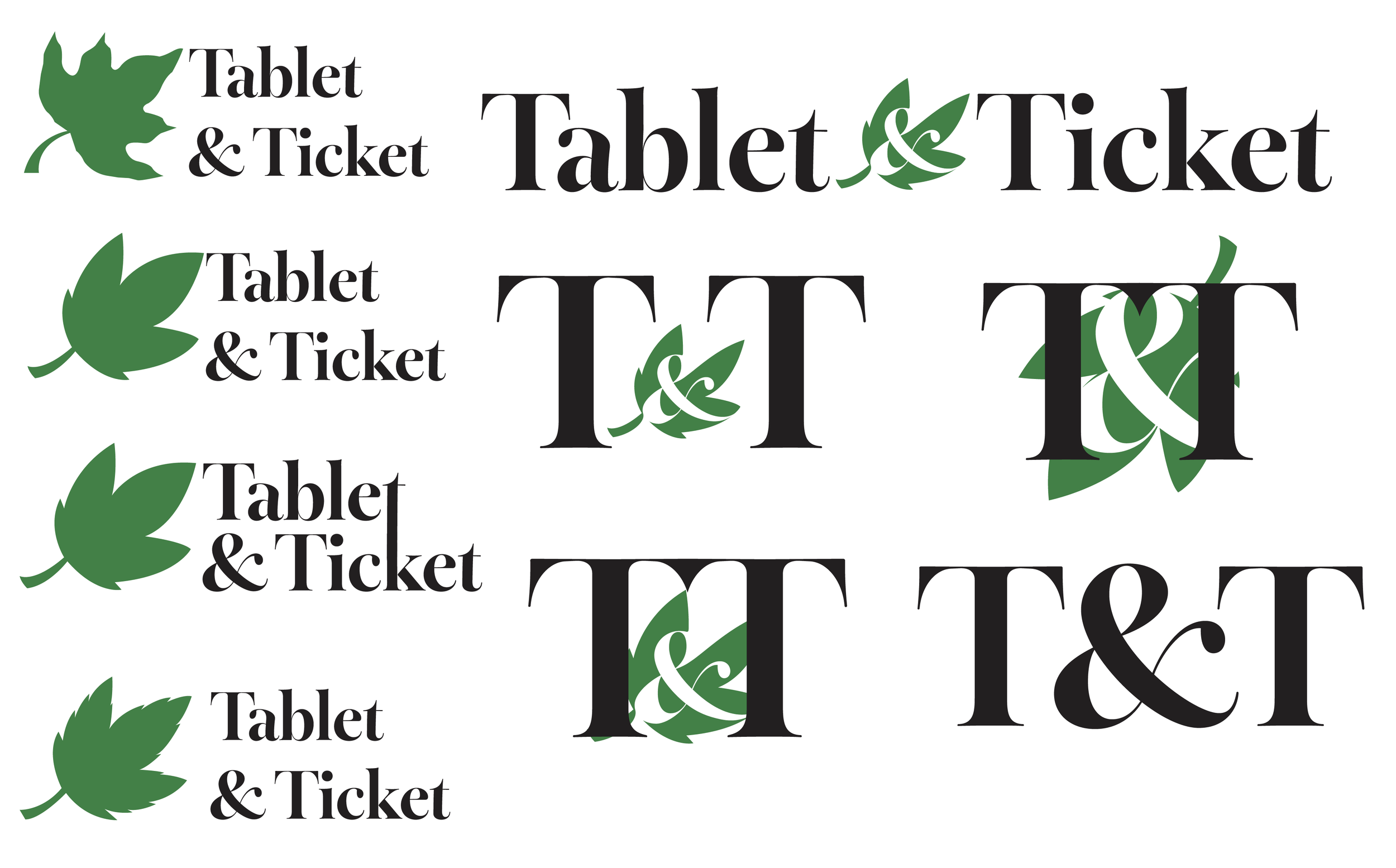 Pattern featuring black text that reads "Tablet & Ticket" and stylized green leaves, in various sizes and arrangements.