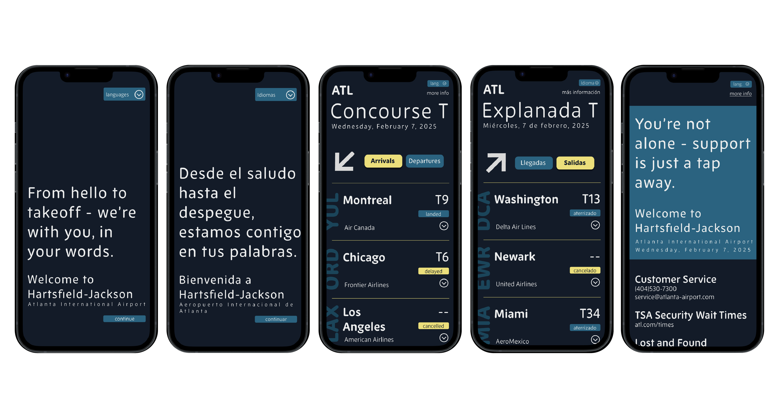 Screens of a mobile app showing information about Atlanta International Airport, including welcome message, flight details, gate information, and customer support contact.