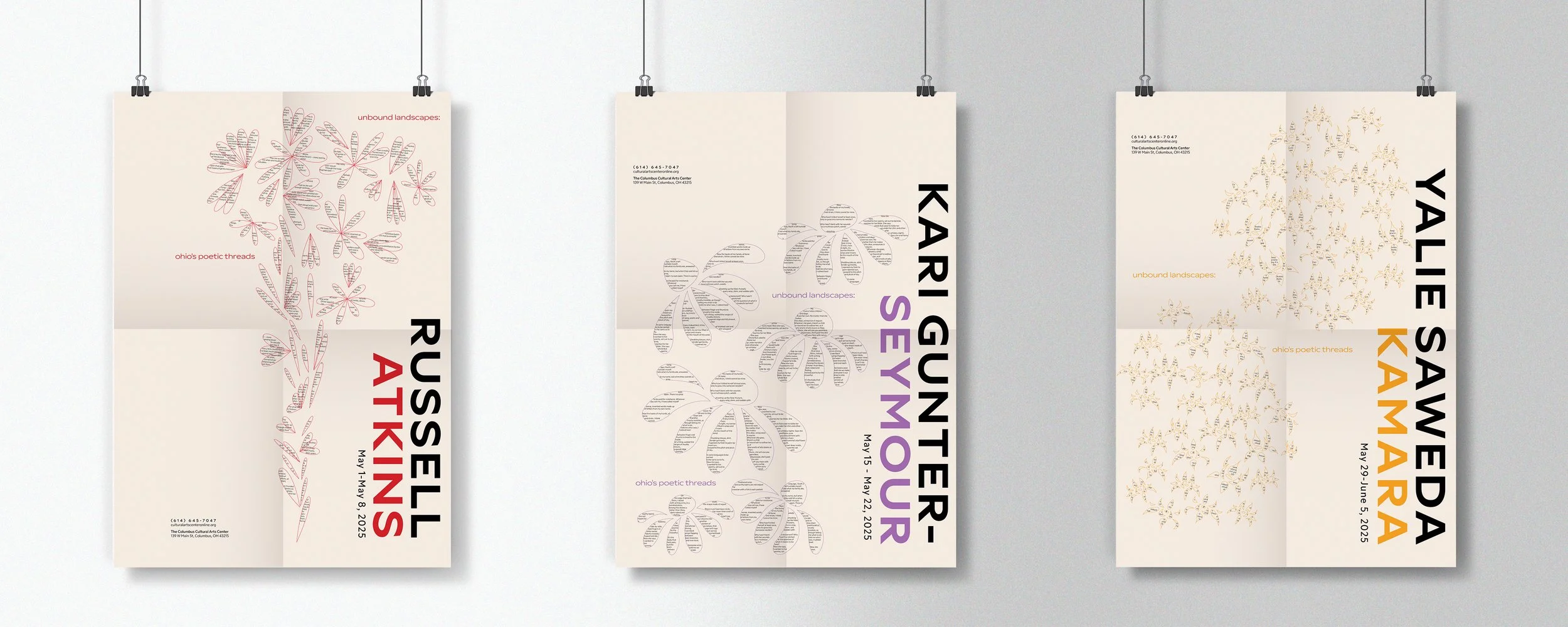 Three posters hanging on a wall, each featuring abstract floral designs and textual information about art exhibitions, with the left poster titled 'RUSSELL AT KINS,' the middle 'KARI GUNTER SEYMOURE,' and the right 'VALIE SAWEDA KAMARA,' along with exhibition dates and contact details.