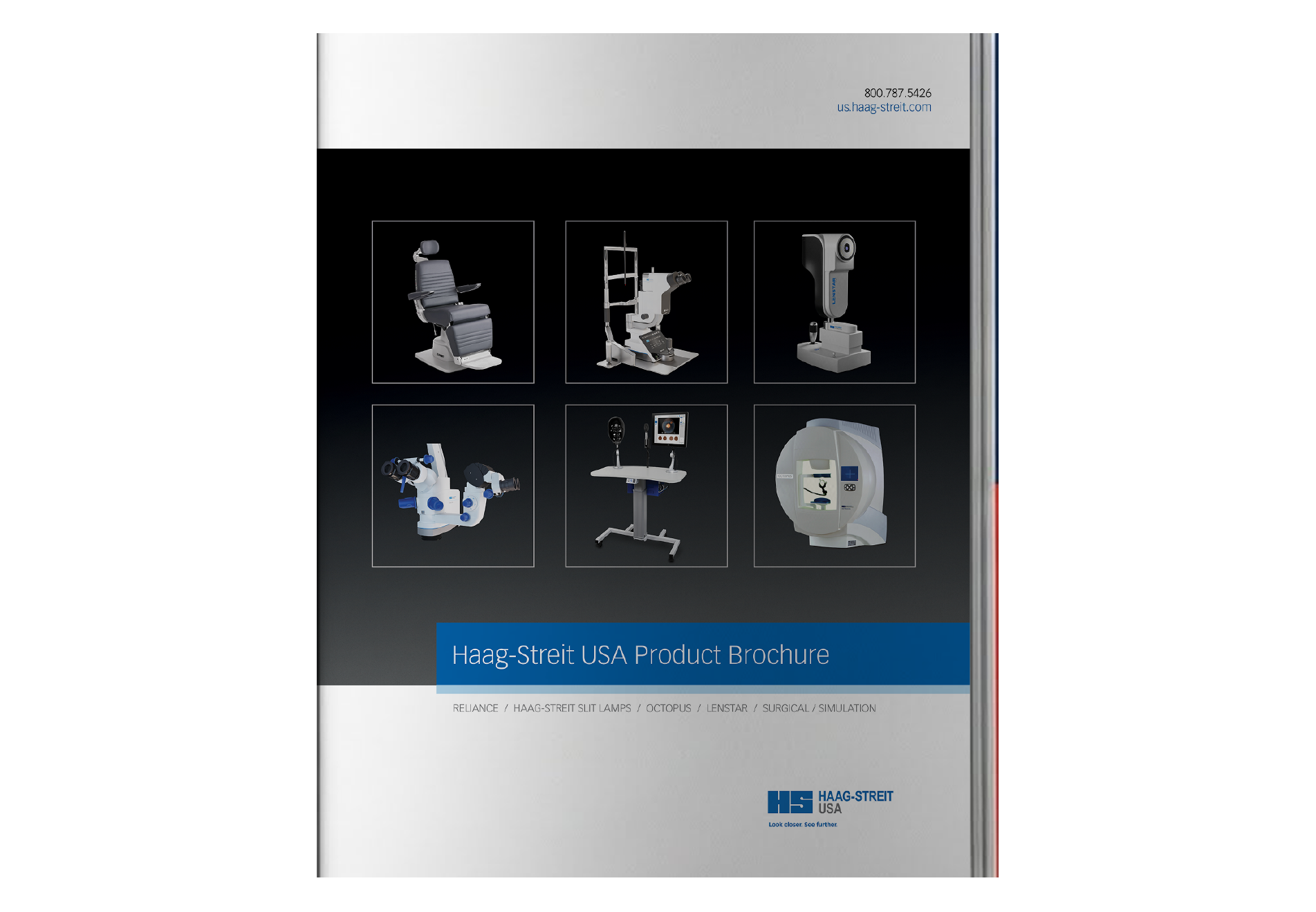 Brochure cover featuring medical equipment including chair, surgical tools, microscopes, and other medical devices, with the title 'Haag-Streit USA Product Brochure'.